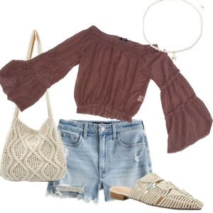 SHEIN Loose fit sheer off the shoulder burgundy top size S